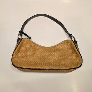 Vintage Banana Republic Y2K Shoulder Bag Wood Rayon Woven Leather Handle Saffari